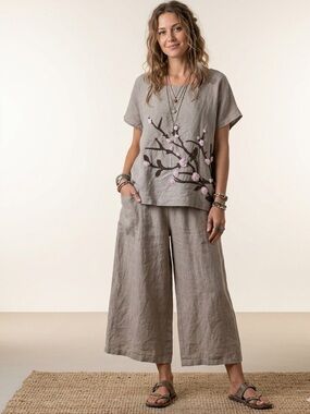 Avocado Euro Linen Embroidered 3D Cherry Blossom Oversize Lagenlook Artsy Boho L